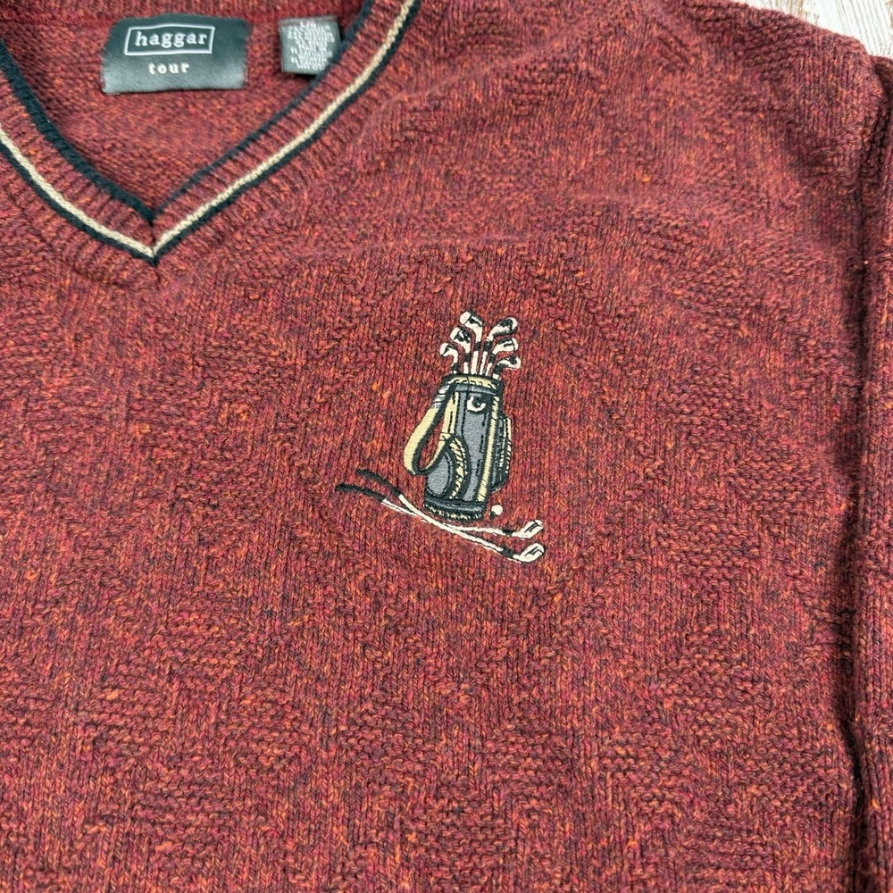 HAGGAR TOUR Large L Burgundy Grandpa‎ Sweater Embroidered V-Neck Pullover Golf